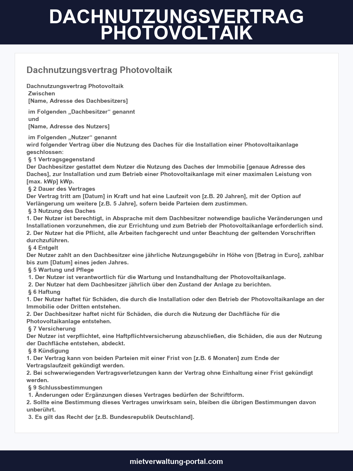 Dachnutzungsvertrag Photovoltaik Muster