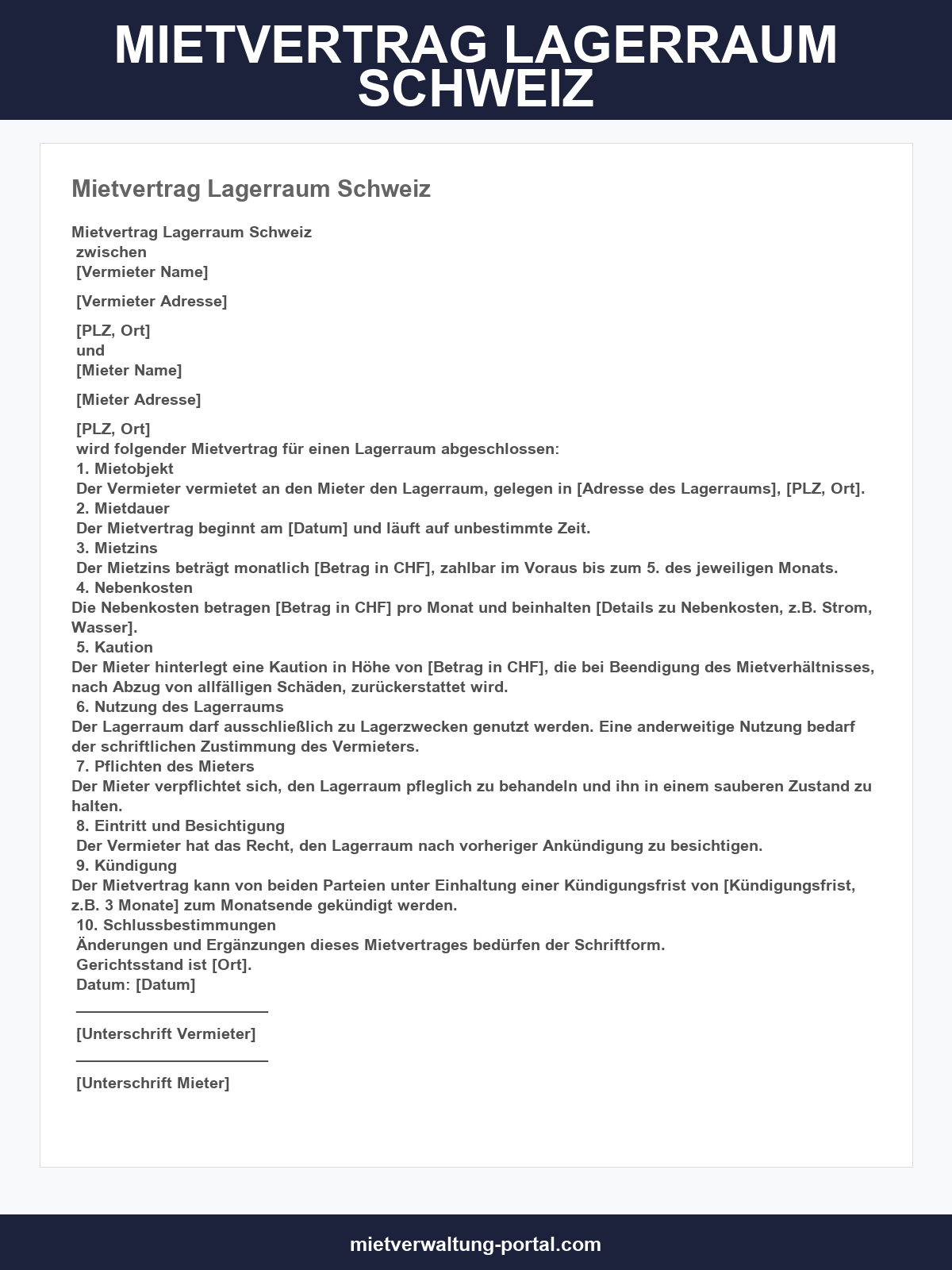 Mietvertrag Lagerraum Vorlage Schweiz