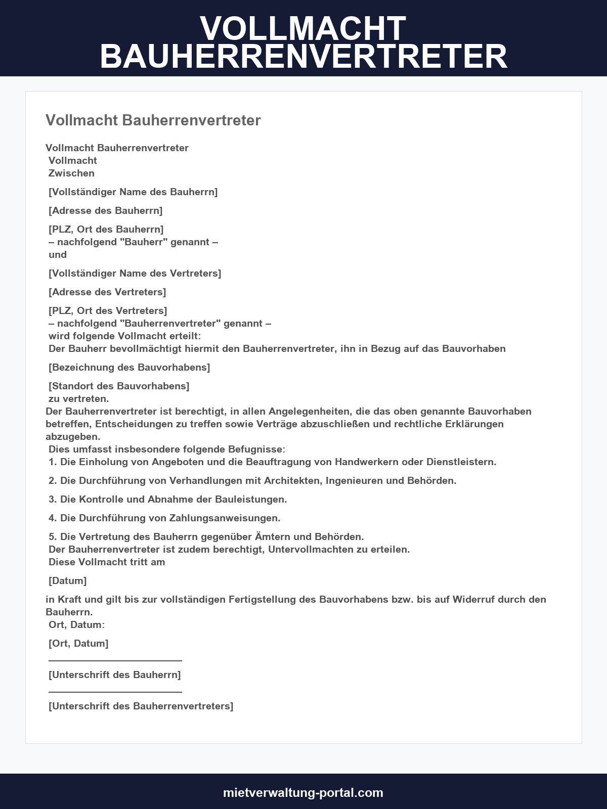 Vollmacht Bauherrenvertreter Vorlage