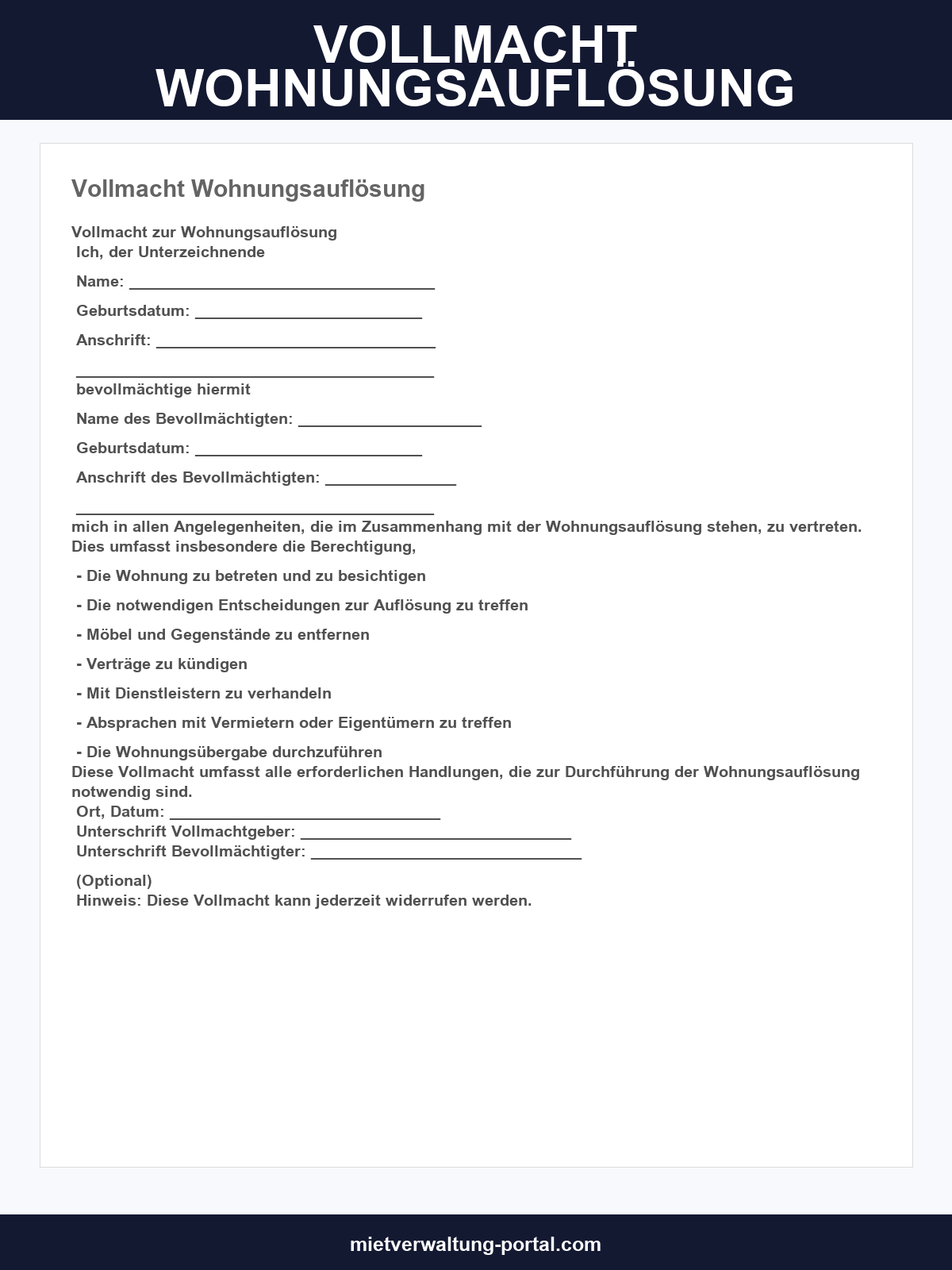 Vollmacht Wohnungsauflösung Muster