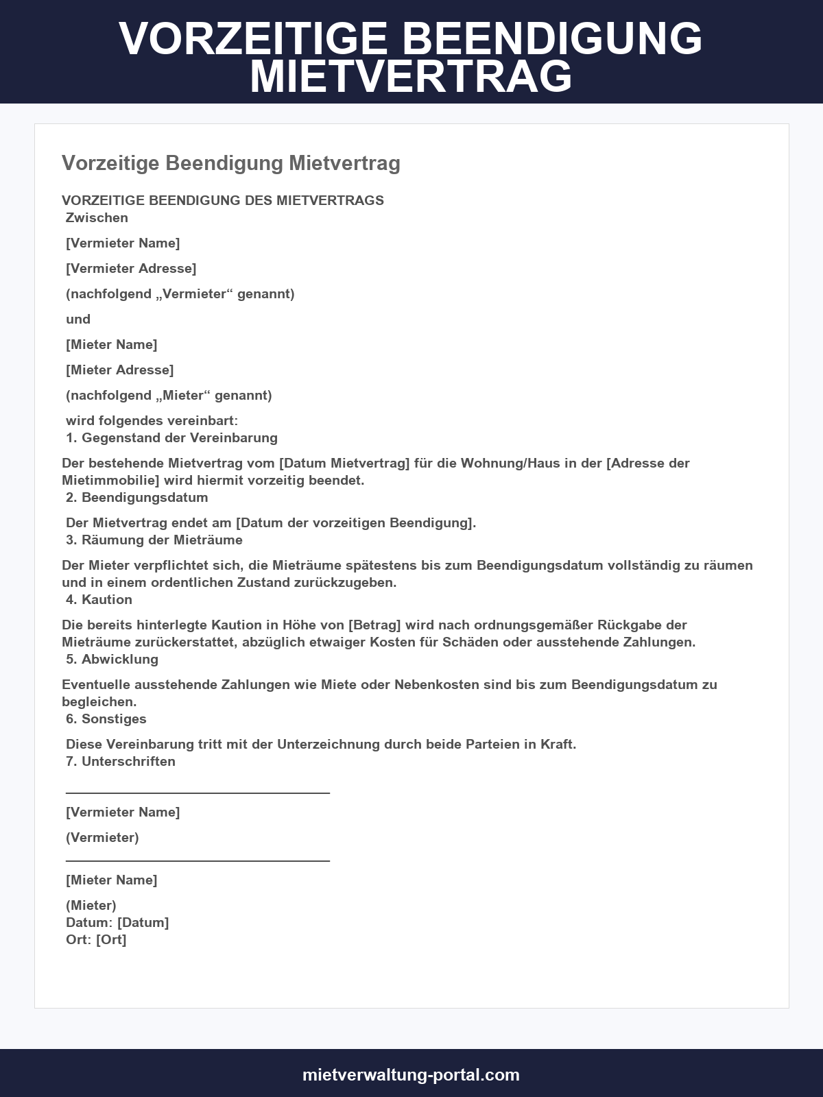 Vorzeitige Beendigung Mietvertrag Muster